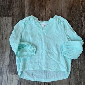 H by Halston Light‎ Blue 100% Linen V Neck Top Size Large